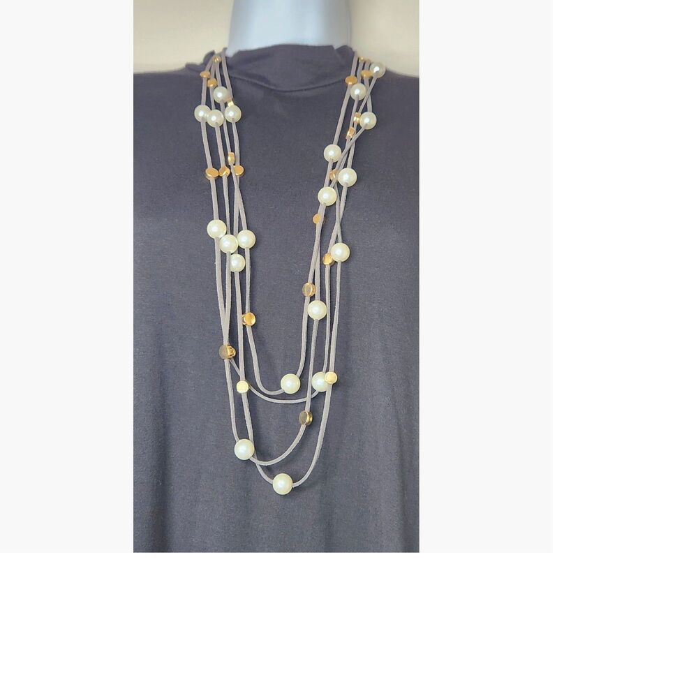 Layered Faux Pearl & Brass Disc Necklace 36” Gray Suede Cord Boho Chic Statement